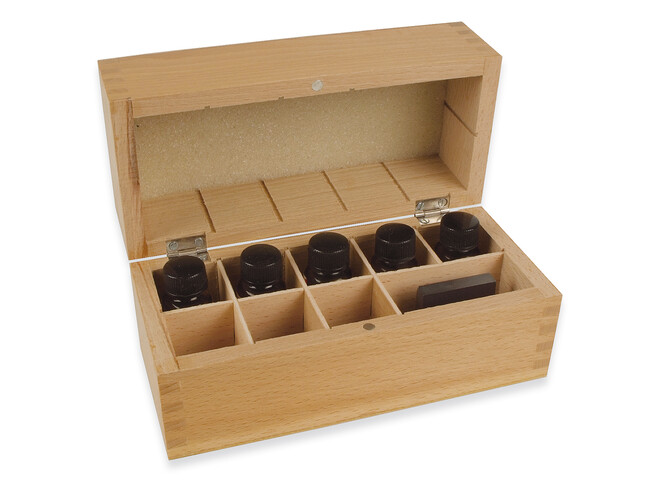 COFFRET A TESTER BOIS 5 FLACONS + PIERRE